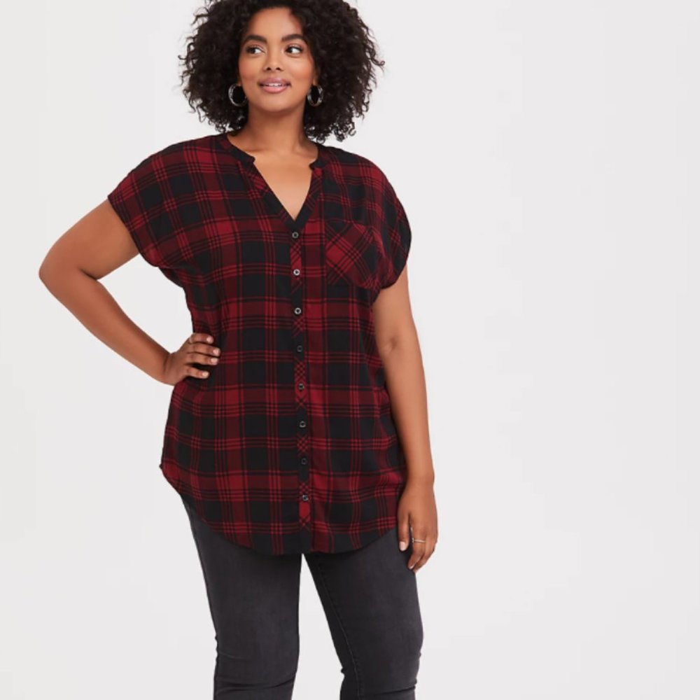 TORRID size 5 Red Black Challis Dolman Plaid Top
